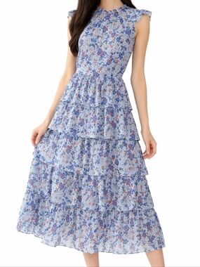 Aritzia Little Moon Rarity Blue Floral Feminine Ruffle Midi Casual Dress Sz XS.